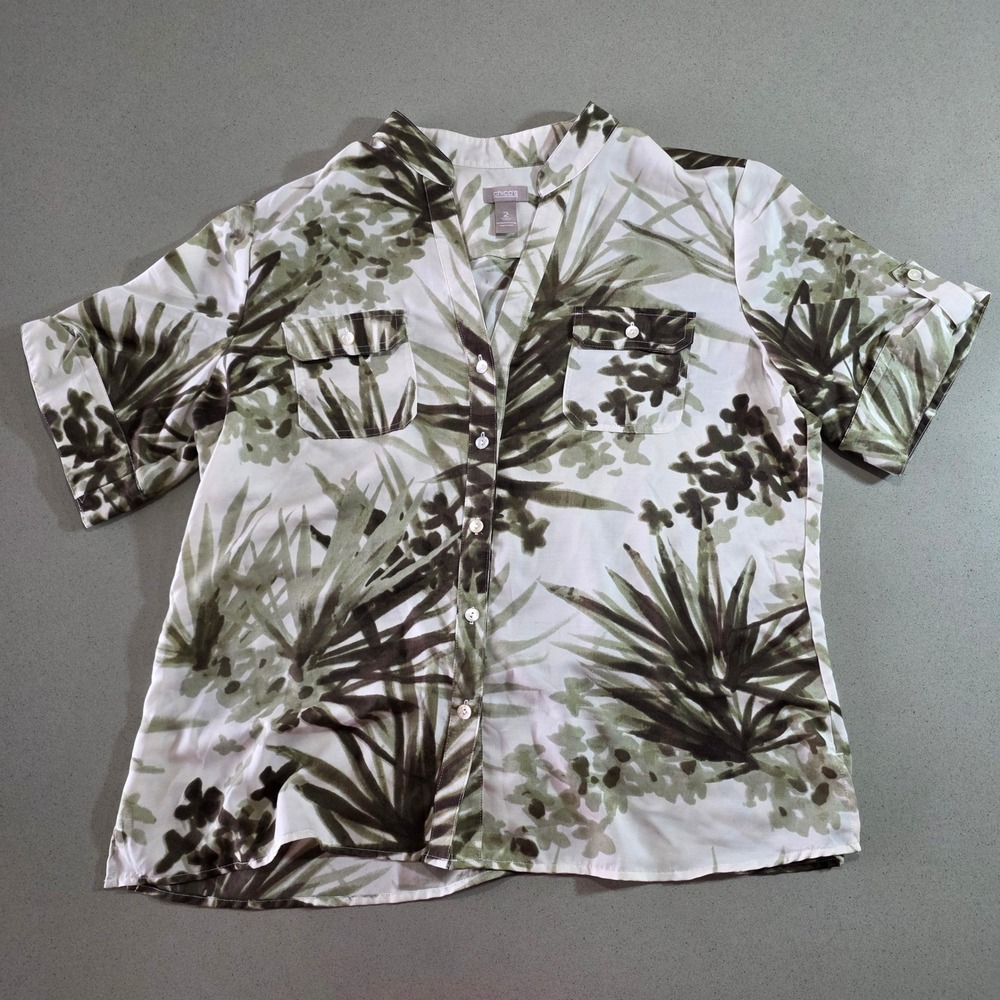 Chicos Tropical Palm Leaf Print Button Front Blouse Green White Size 2 L